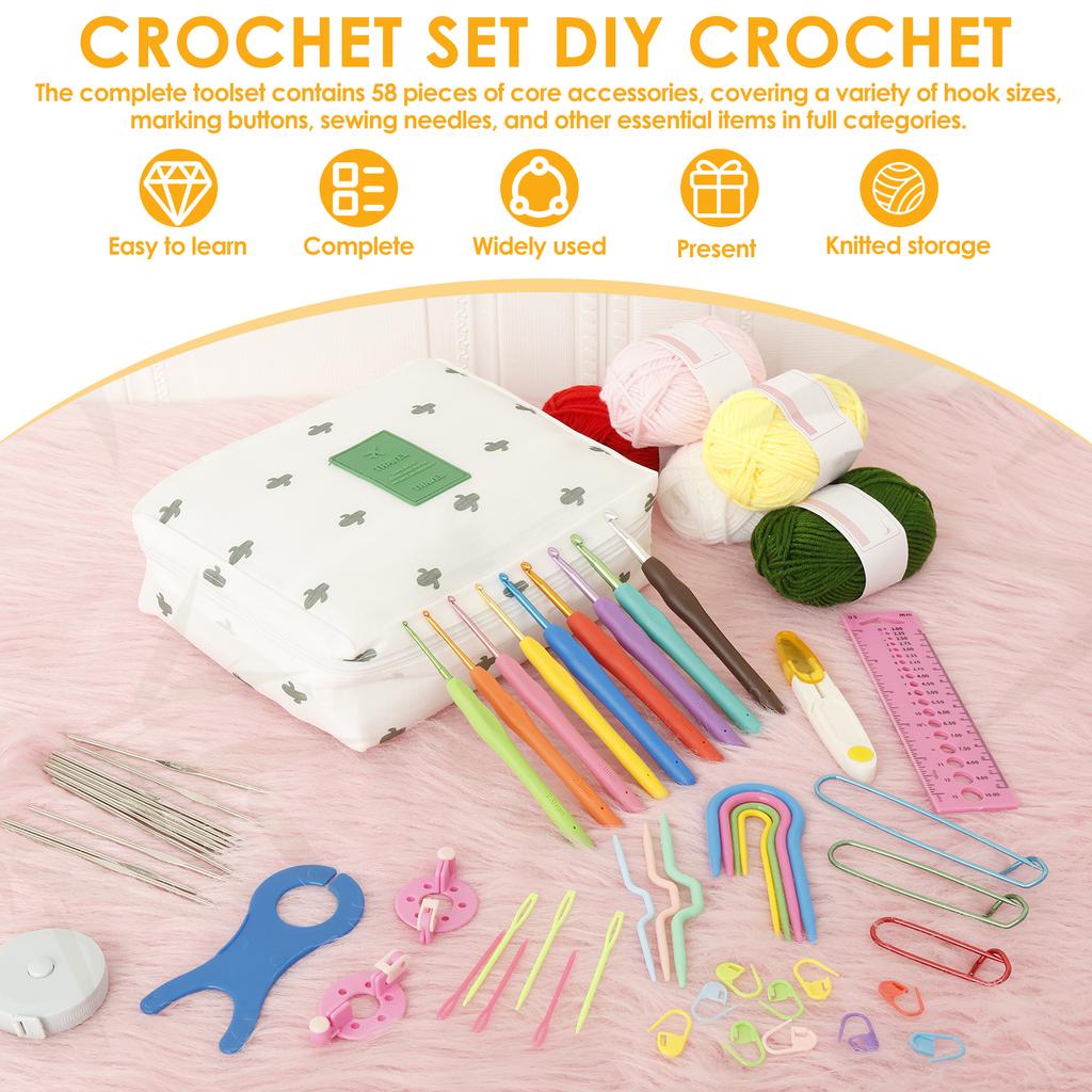 Zestaw do szydełkowania 58 szt. dla początkujących Przenośny zestaw startowy do dziergania z kolorową włóczką Szydełka Etui do przechowywania dla dzieci i dorosłych