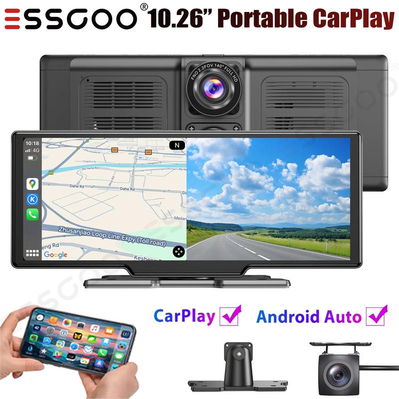 10.26" 64GB Dash Cam Car Stereo 4K IPS Touch Screen Wireless Apple Carplay & Android Auto Dual Len Recorder Bluetooth FM+Camera