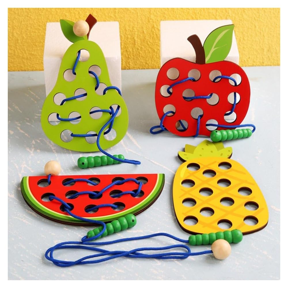 Montessori Wooden Stringing Toy with Fruit Designs: Caterpillar and Apple Maze. A perfect gift for toddlers, boys, and girls. Ideal for birthdays,