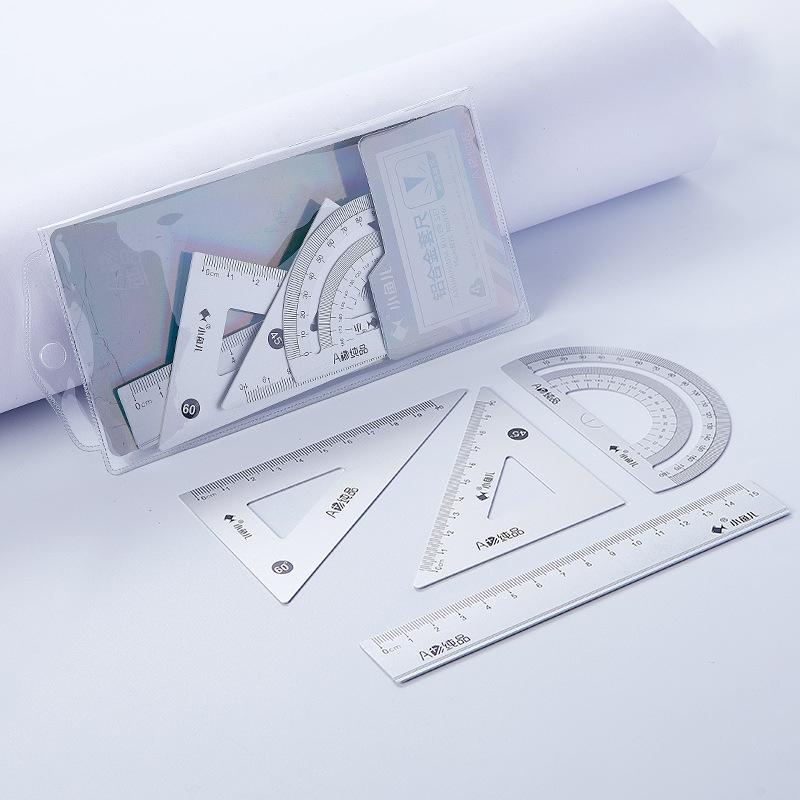 4pcs Aluminum Ruler Set,Drafting Set,With Storage Box Straight Ruler,Protractor,Students Measure Ruler Set Multi-Function Set