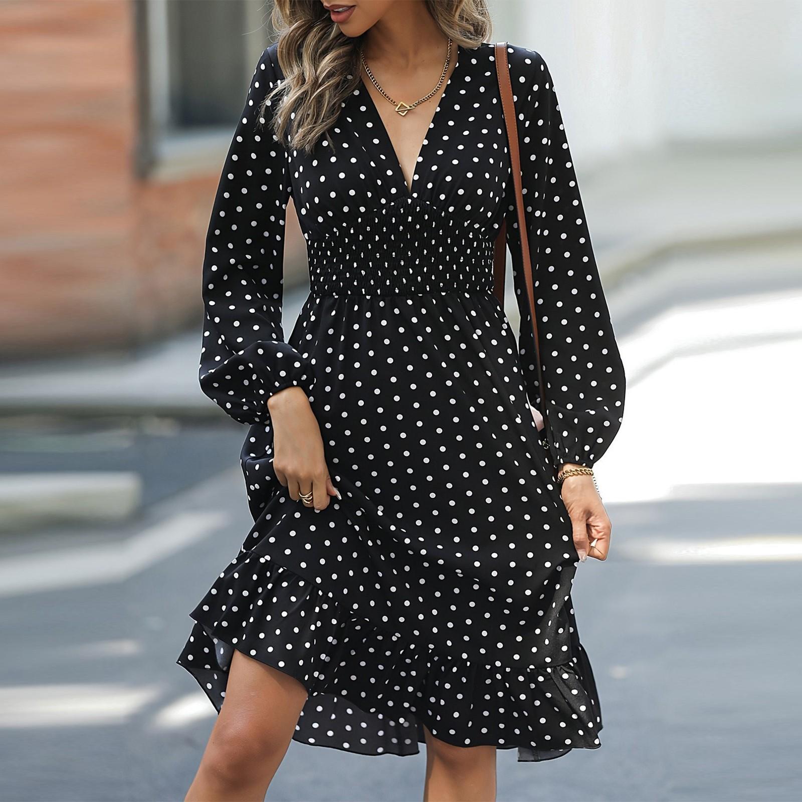 

Женское модное платье с завышенной талией, стройнящее, с принтом в горошек, с длинными рукавами, в западном стиле XXL чёрный