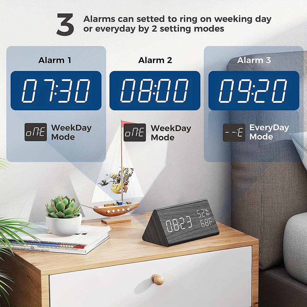 1PC Wood Grain Triangle Alarm Clock LED Bedside Alarm Clock, with Temperature and Humidity Display, Adjustable Brightness
