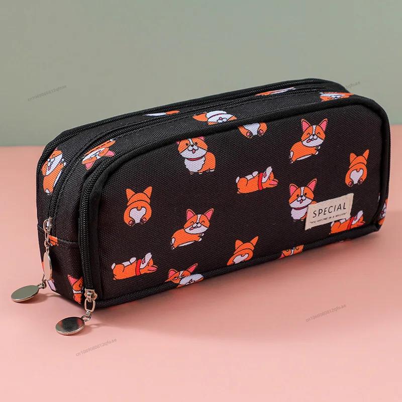 Estuche negro para lápices, gran espacio de almacenamiento, 2 compartimentos, bolsa de doble cara abierta, organizador de escritorio para estudiantes, útiles escolares