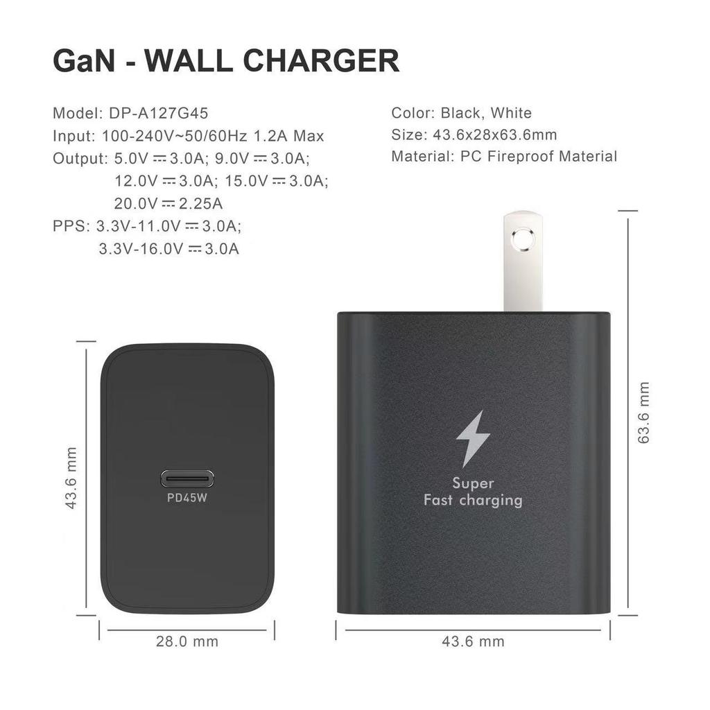 Compatible with Samsung S22/S21/Note10, PD45W Ultra-Fast Dual Type-C Charger, EU & US Standard