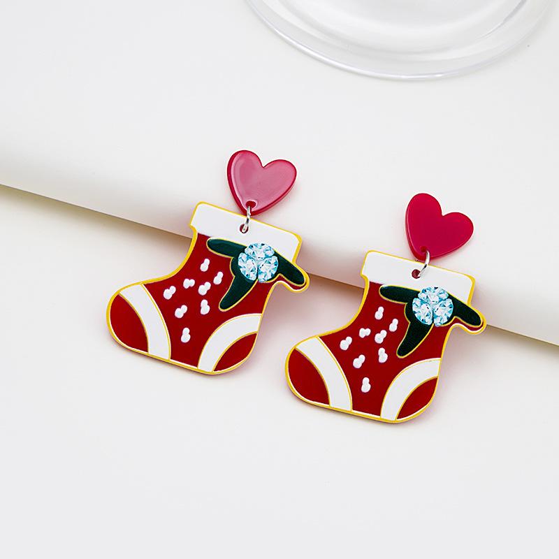 Christmas Tree Cartoon Gift Socks Contrasting Color Relief Printed Earrings Three-Dimensional Cartoon Holiday Earrings