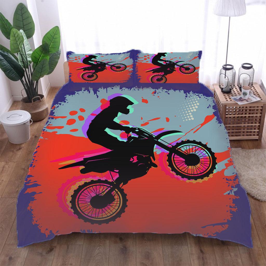 Double Linens Collection 3 Pieces 3D Sporty Cool Motorbike Bedding Collection Quilt Duvet Cover Comforter Children Bed Birthday Gift