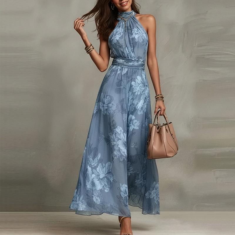 Retro Fashion Maxi Dress Summer Sleeveless Simple Print Ruffled Dresses Streetwear for Women's Clothing Holiday Party