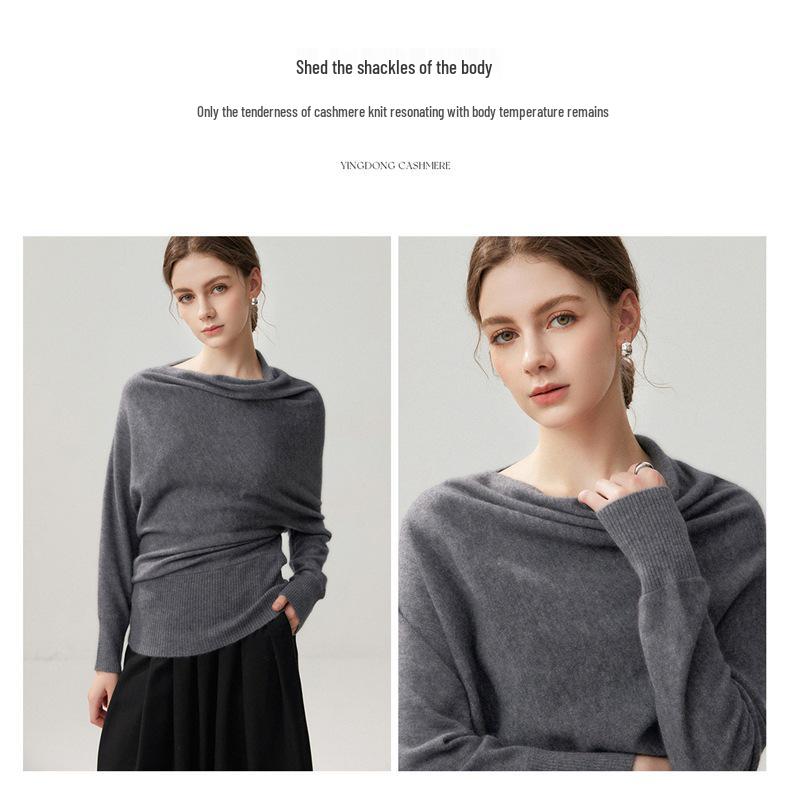2026 A/W Women's Irregular One-Shoulder Cashmere Batwing Sleeve Loose Slimming Base Layer Shirt