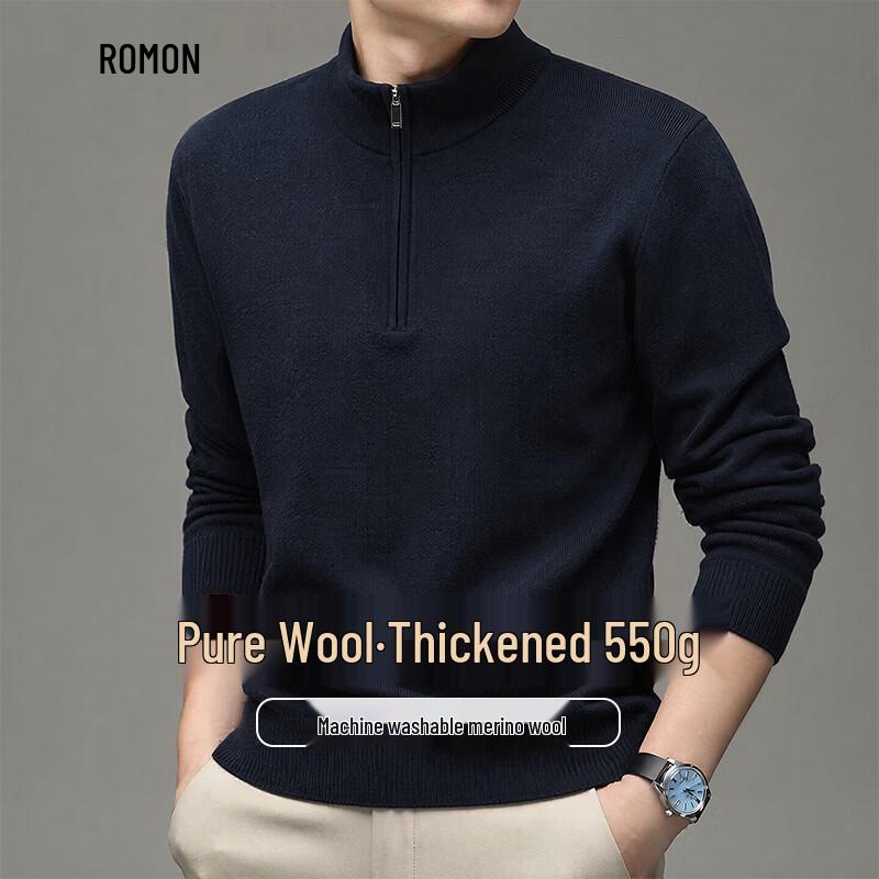 ROMON Men's Thickened Pure Wool Semi-High Collar Sweater