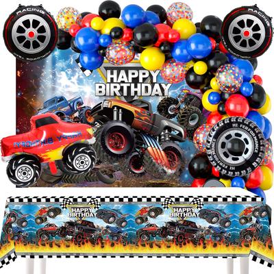 Decoratiuni de ziua de naștere monster truck cu roți mari, baloane de petrecere, decorațiuni de 'La mulți ani', fețe de masă pentru petrecere și alte decorațiuni de ziua de naștere