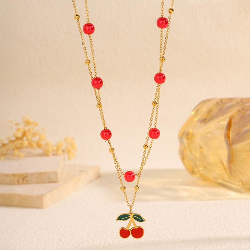 Stainless steel necklace pastoral cherry pendant necklace does not fade female titanium steel necklace fresh small cherry necklace