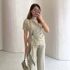 European and American Cross-border Amazon Independent Station  Spring and Autumn New Short-sleeved Stand-up Collar Streamer Top Straight Trousers Set