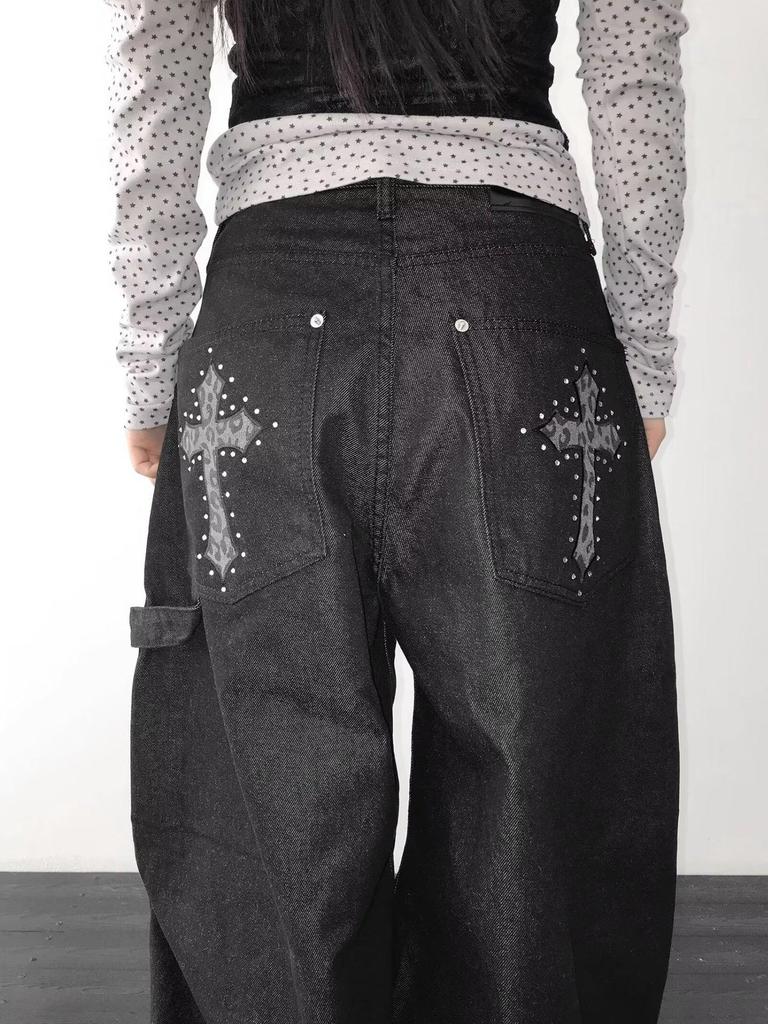 Y2K Retro High Street Hip Hop Cross Pattern Denim Pants