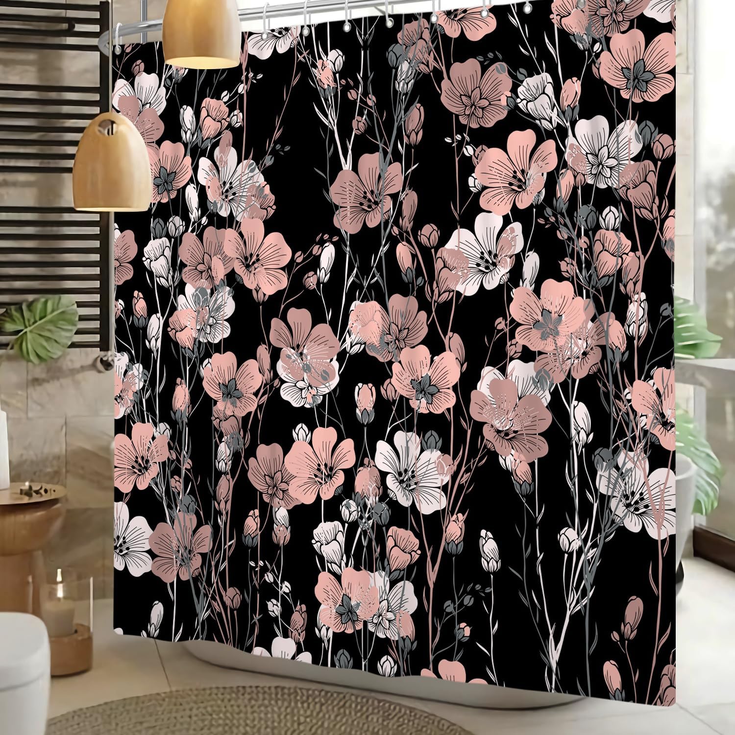 

Pink Floral Shower Curtain – Black Background & Watercolor Botanical Design, Boho Bathroom Decor W60H190(CM)-1 Pcs