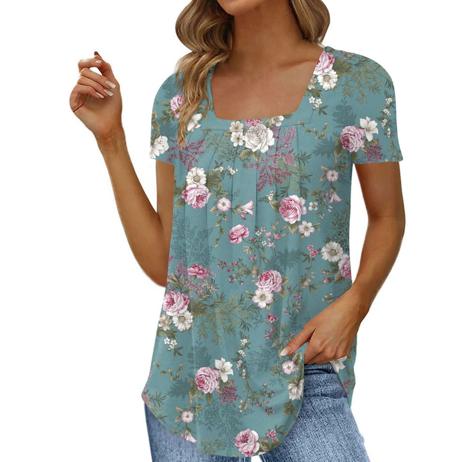 

Женская мода Повседневная футболка с коротким рукавом с квадратным вырезом и цветочным принтом Топ XXXL