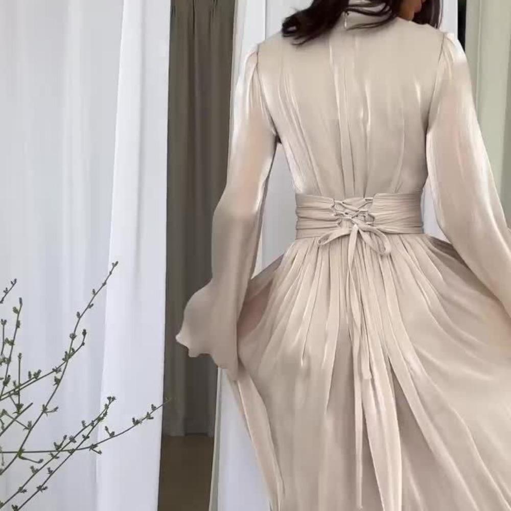 Women's Mock Neck Long Sleeve Maxi Dress Slim Fit High Waist Elegant Pleated Satin Formal Evening Midi Dress