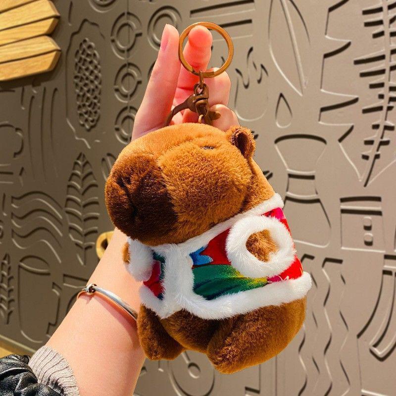 Adorable Capybara Plush Pendant with Floral Quilted Military Coat Keychain