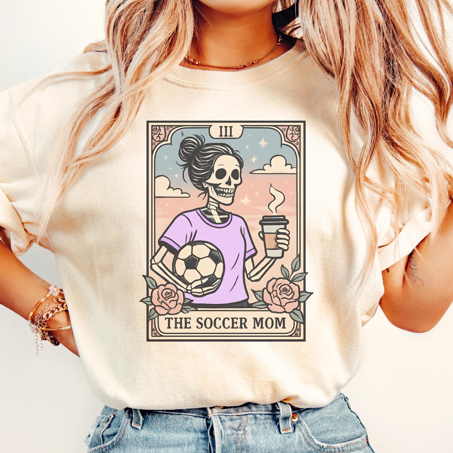 Comfort Colors Soccer Mom Tarot Card T-Shirt: Halloween Skeleton Mama Tee S