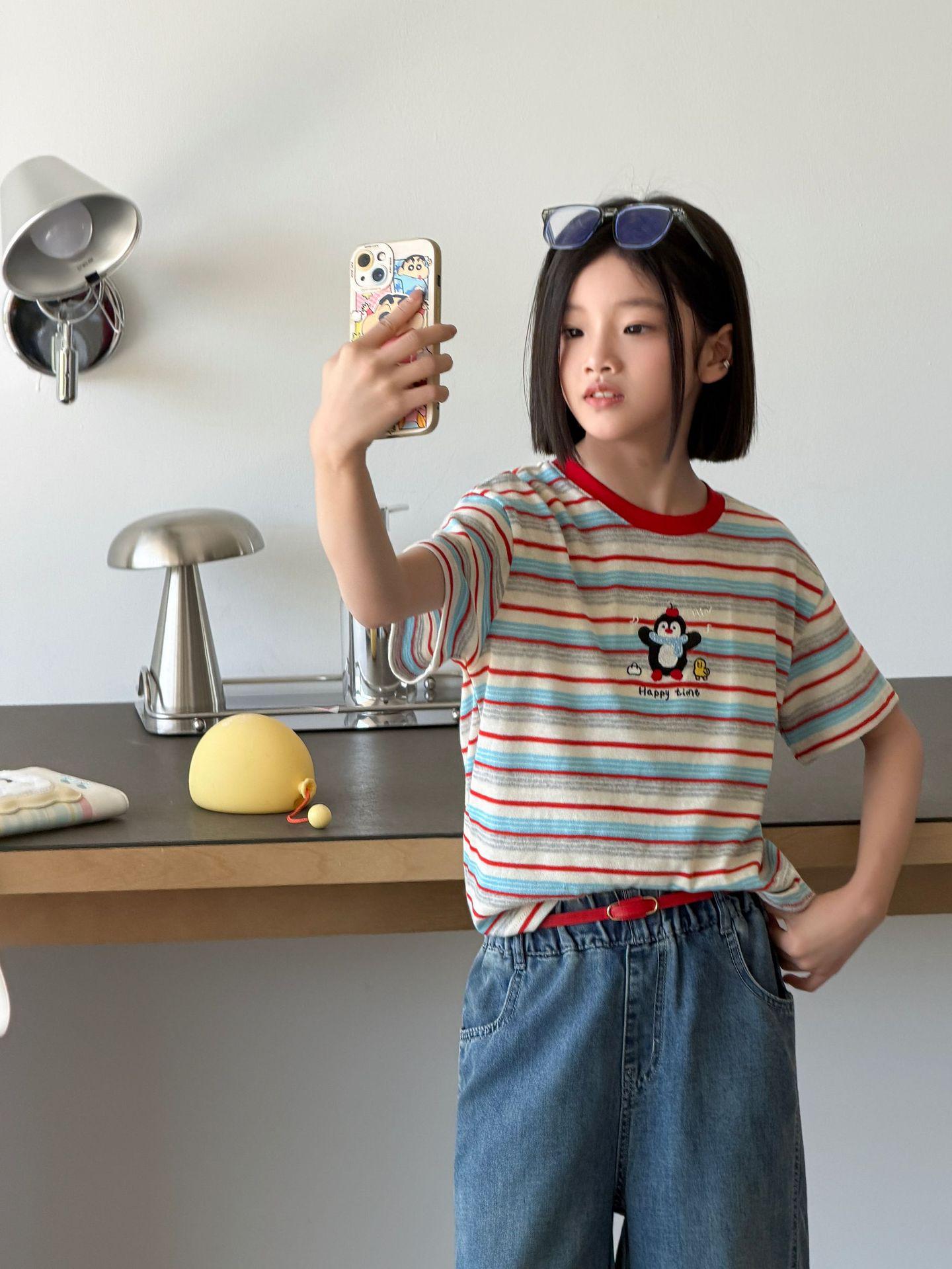 Mì Sān Mì Girls  Striped Penguin Embroidery Round Neck Short Sleeve Summer Top 130 cm