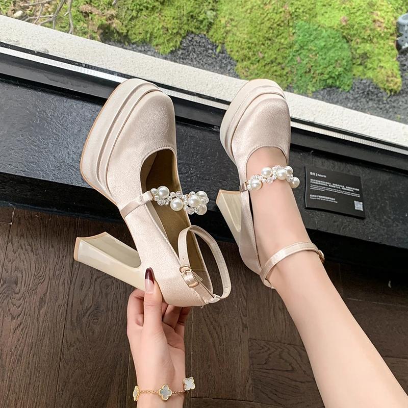 Fashion 2025Original Waterproof Lolita  Jane Shoes  Girls Elegant Satin Bow Paltform High Heel Ladies Sweet Pumps Platform