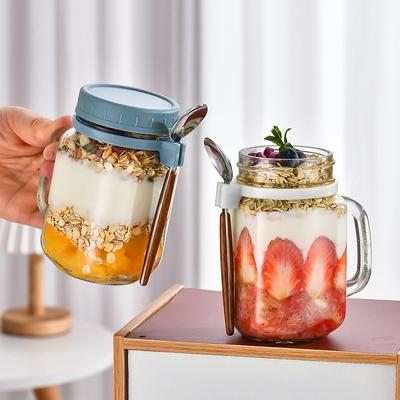 Tragbarer Übernacht-Haferflocken-Glasbecher Wasserbecher mit Löffel Frühstückssalatdose Joghurtbecher Hitzebeständig Saft Milchbecher