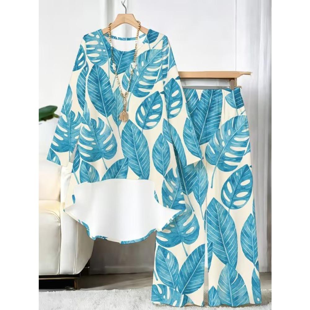 Marble Print Two Piece Outfit Women Long Sleeve Irregular Hem Tunic Top Wide Leg Pants Casual Matching Set