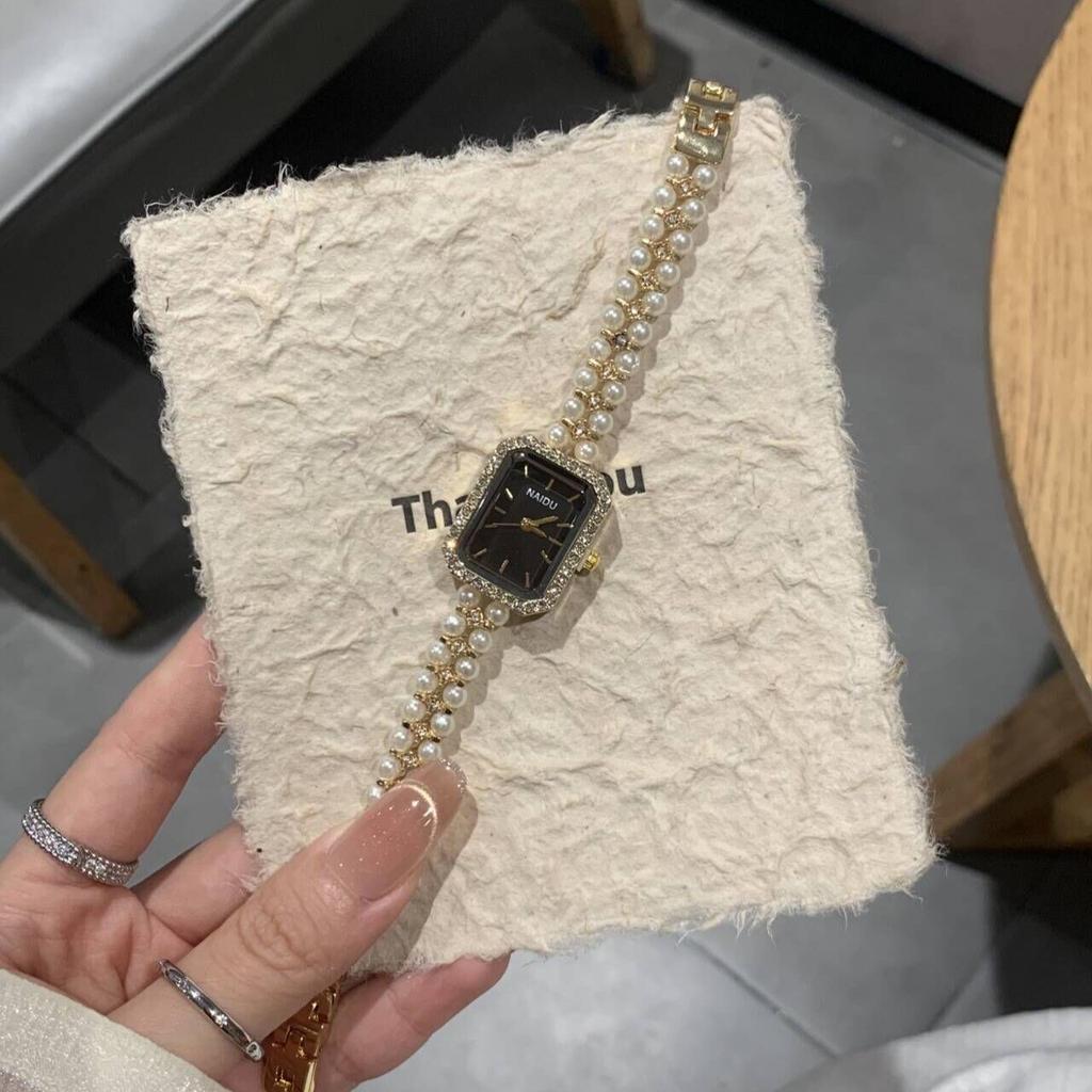 2025 New Pearl Chain Black Gold High-end Watch Square Dial Niche Quartz Watch Temperament Fashion Women's Watch