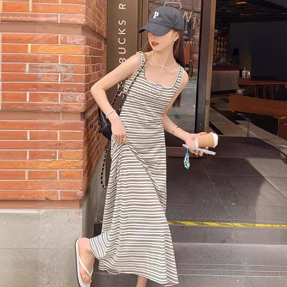 Striped Sleeveless Vest Suspender Dress Women's Summer Summer New French Loose Versatile Long Skirt
