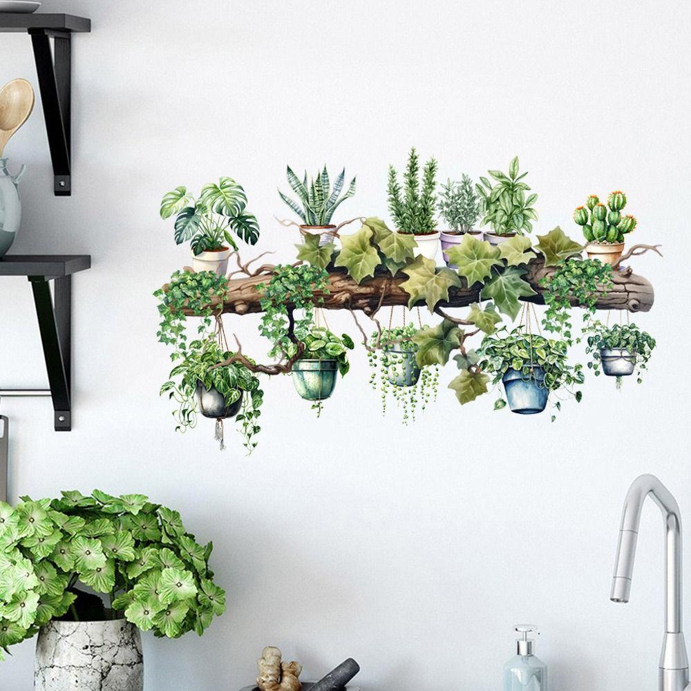 Waterproof Wall Sticker Green Vine Stump Potted Plant Decorative Decals  Livingroom