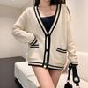 Contrasting color pocket knitted cardigan jacket women's high-end sense loose and lazy college style autumn and winter outer sweater