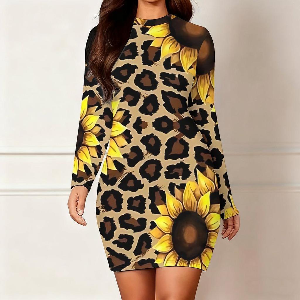 2025 Outono e Inverno Novo Estampa Floral 3D e Tingimento Moda Feminina Manga Longa Gola Redonda Vestido Envolvente de Quadril Dia dos Namorados Limitado