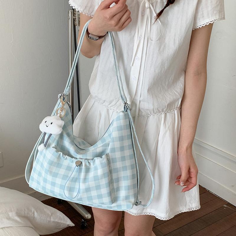 Borsa a Spalla Plaid Carina da Donna Grande Capacità Tracolla Regolabile Borsa a Tracolla Zaino con Coulisse e Cerniera Ciondolo a Forma di Nuvola