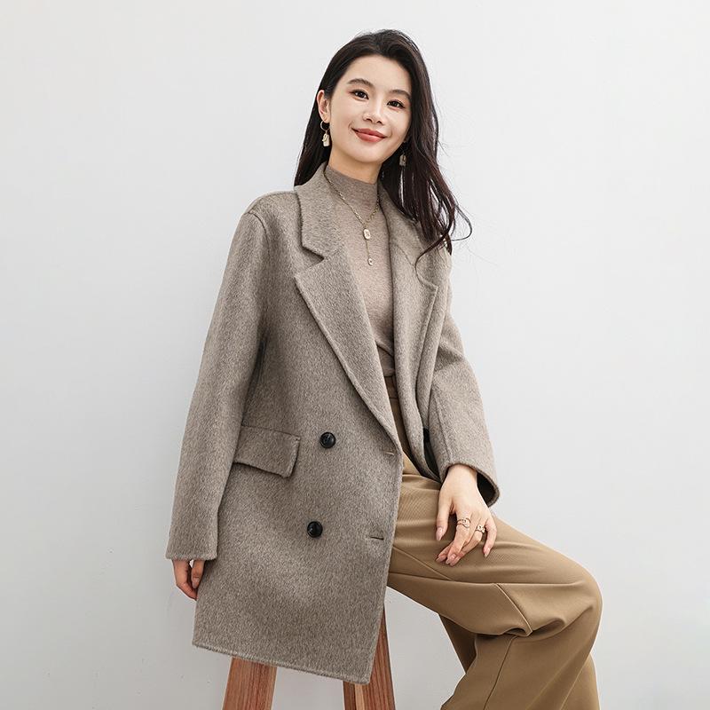 2025 Autumn/Winter Women's Double-Sided Cashmere Coat - Mid-Length, Suit Collar, Korean Style, Age-Defying Elegance