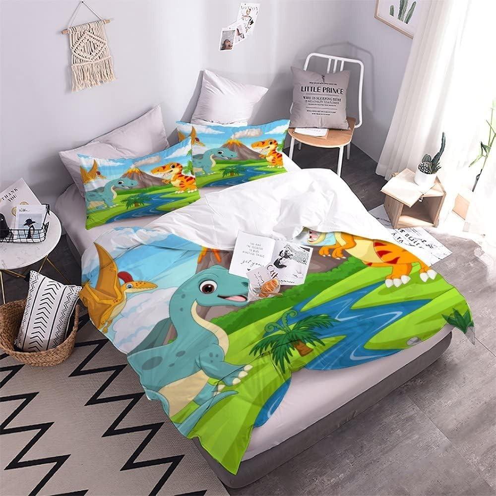 Desenho Animado Dinossauro, Conjuntos de Cama de Microfibra, Roupa de Cama Infantil com Zíper Decoração de Quarto Capa de Edredom para Adolescentes Adulto 3 Peças