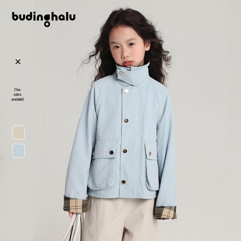 Girls  American Retro Spliced Lapel Plaid Coat 130