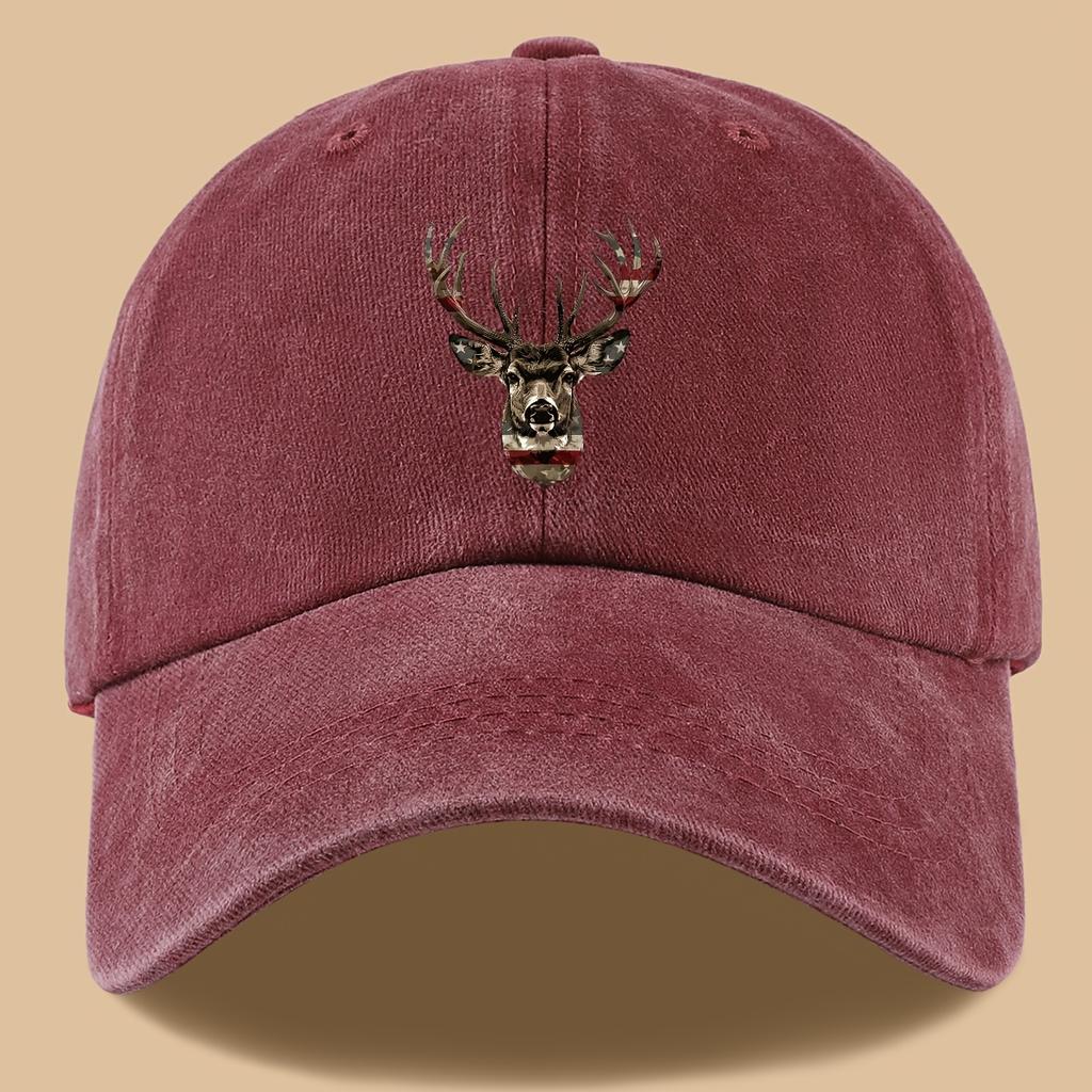 Deer Head American Flag Graphic Baseball Cap Adjustable Polyester Outdoor Casual Unisex Adult Washed Hat