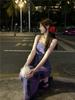 French Purple Floral Spaghetti Strap Dress - Women's Summer 2024 Waist-Hugging Long Tea Dress
