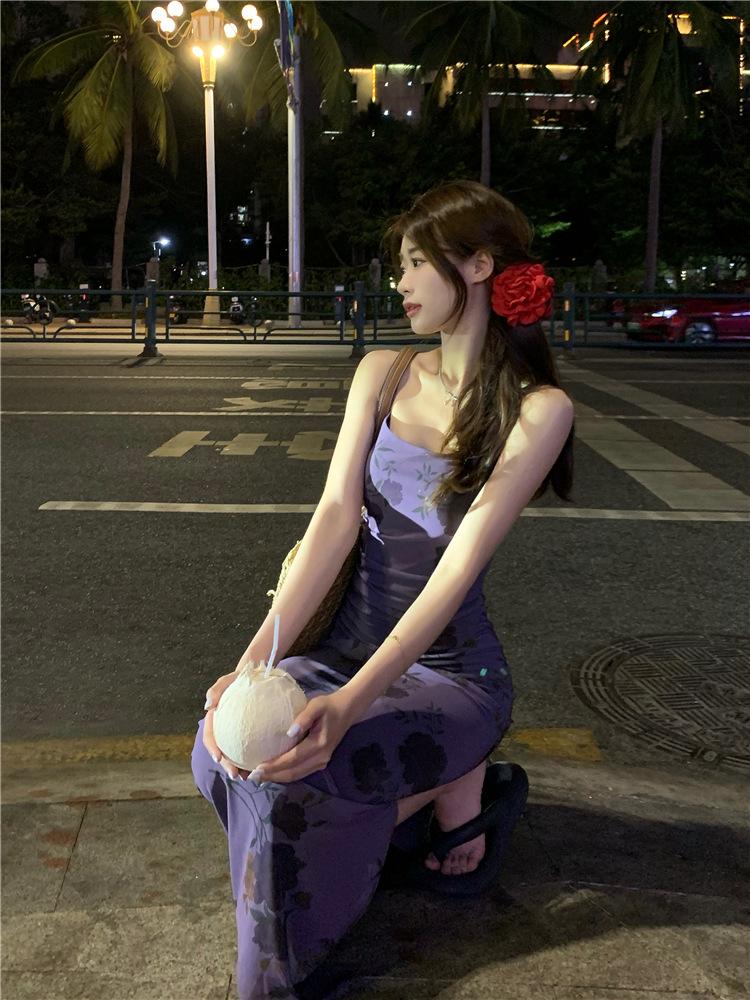 French Purple Floral Spaghetti Strap Dress - Women's Summer 2024 Waist-Hugging Long Tea Dress