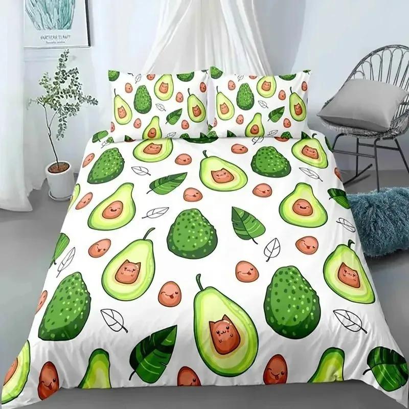Avocado Duvet Cover Set Queen Size 3D Printed Cartoon Funny Faces Avocado Bedding Set Green White,Tropical Botanical Quilt Cover