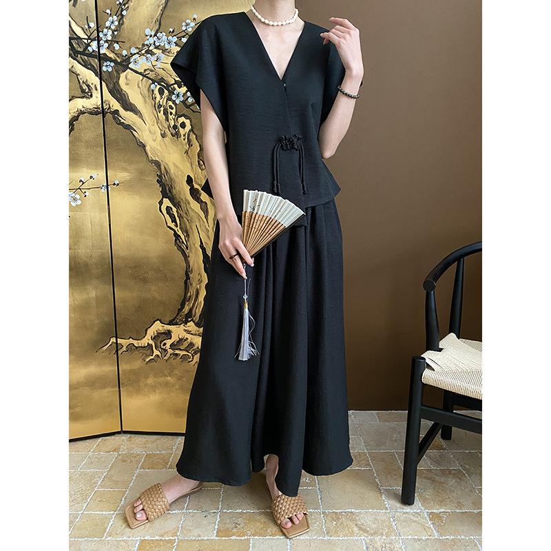 Sinan Tencel Vertical Cut Texture Top & Skirt Set SN5633 - Modern Chinese Style