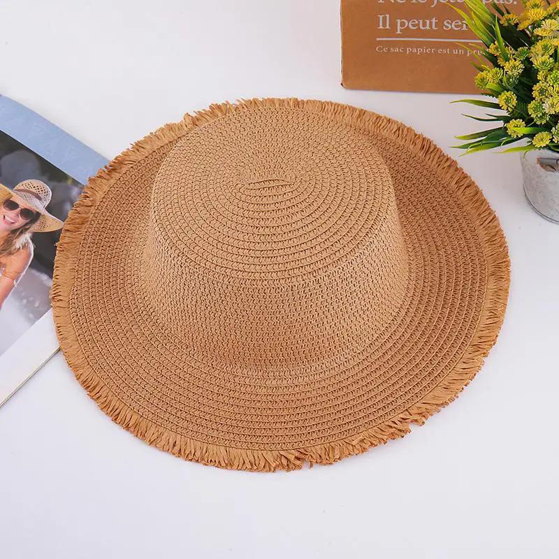 WTEMPO Solid Color Simple Summer Straw Hats Women Spring Summer Wide Brim Rough Selvedge Outdoor Breathable Foldable Beach Sun Hats