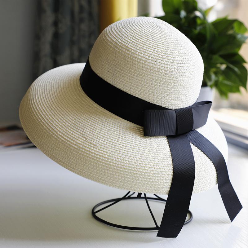 Vintage Hepburn Black Straw Hat Sun Hat Sunscreen Resort Beach Hat Women's Summer Big Eaves Sun Hat