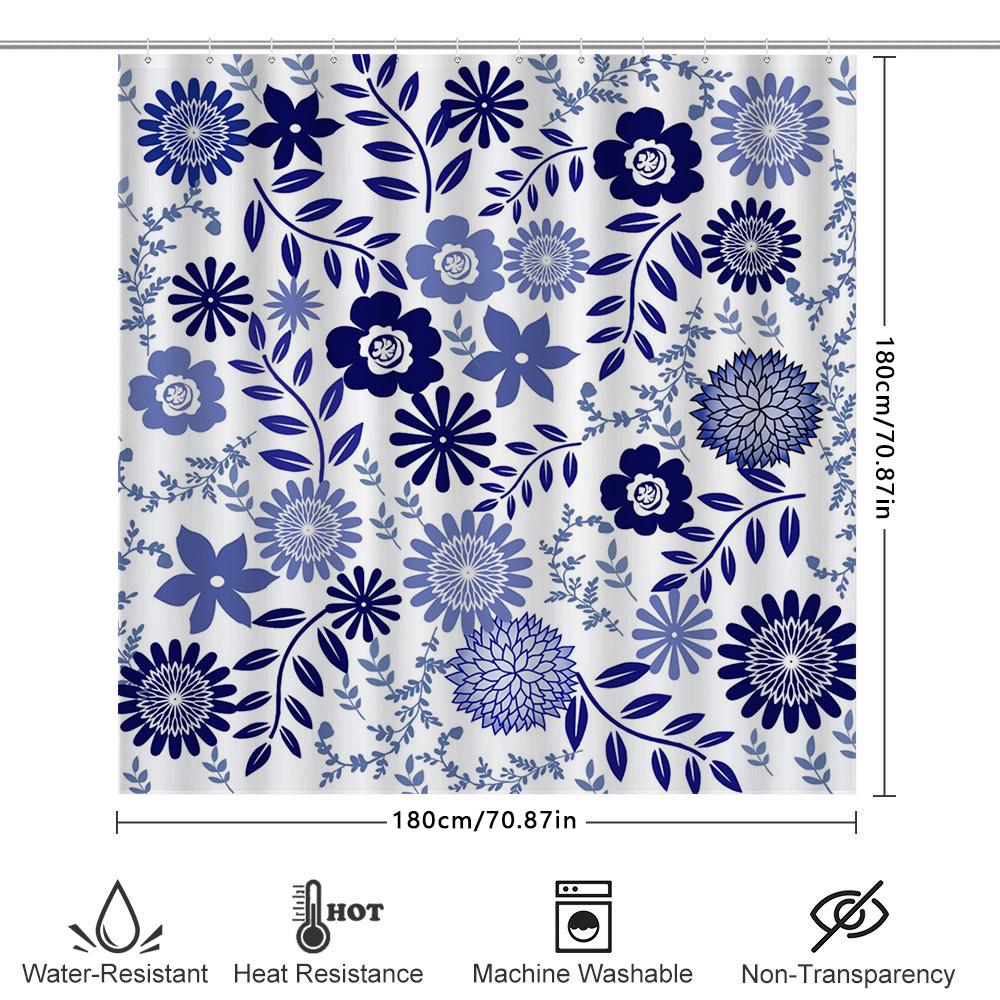 Rideau de douche floral bleu élégant Imperméable Décor de salle de bain Polyester Rideaux de douche Ensemble Linge de bain Décoration de maison XL (72X84 Pouces