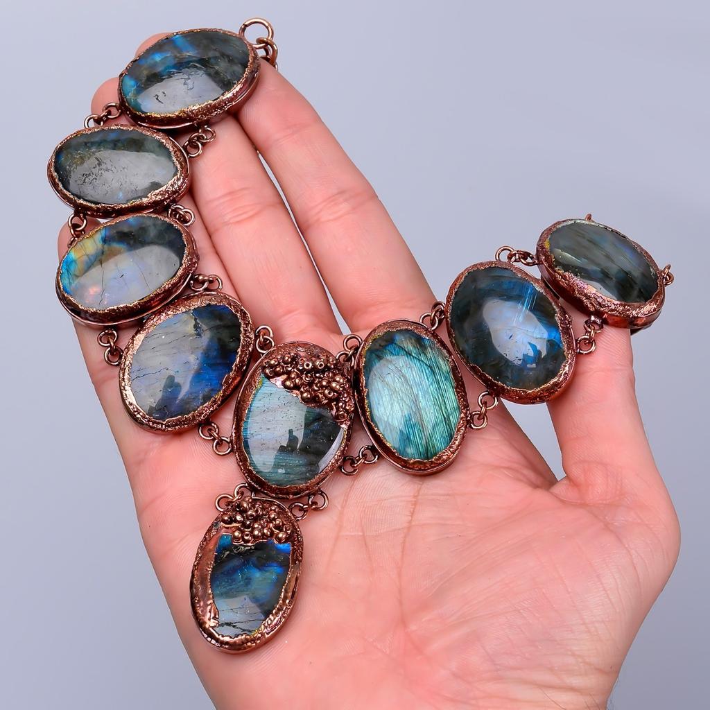 Oval Labradorite Gemstone Copper Birthday Chain Electroformed Necklace Jewelry V-85