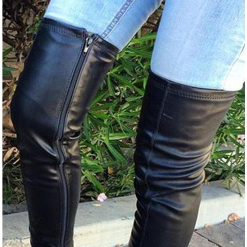 Fashion Chunky Heels Over Knee Boot Women Thigh High Flat Boots Ladies Solid Color Shiny Leather Large Boots Black Slim Shoes De Mujer