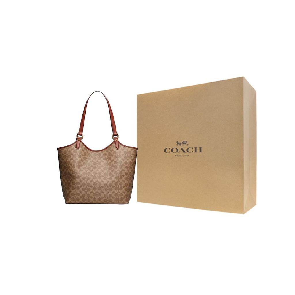 Coach Day 32 Classic Monogram Print Faux Leather Tote Bag Women Tote Bags Brown Yellow C6336-B4XHG