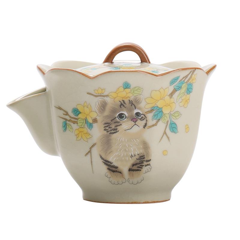 Hand Drawn Yellow Flower Cute Cat Ru Kiln Teapot Chinese High-end Kung Fu Tea Set Tea Making for Home Use Hand-held Teapot