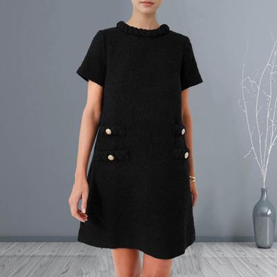 Frauen Kleid Rundhals Lose Zurück Reißverschluss Kurzen Ärmeln Einfarbig Taste Dekor A-linie Vintage Mini Kleid