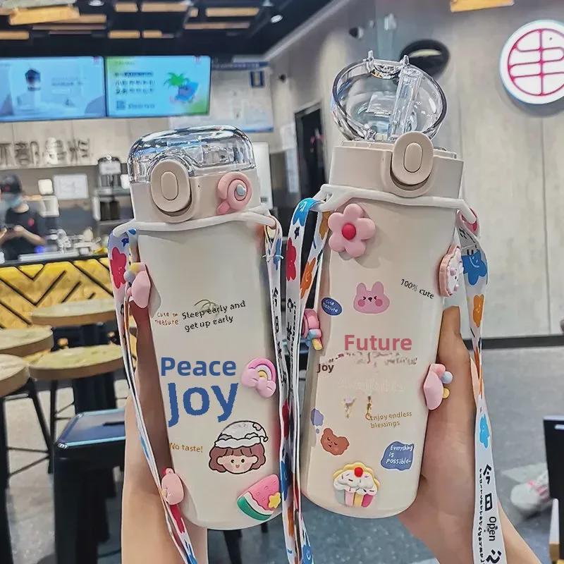 Kubek Termosowy w Słodkim Leśnym Stylu dla Dziewczynek - Przenośny Ze Stali Nierdzewnej na Ramię Kreskówkowy Kubek na Wodę