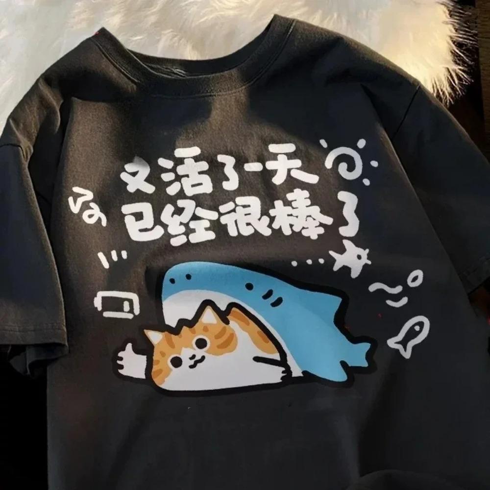 2026 New Cute Low Battery Cat Print Round Neck Short-Sleeve TShirt Summer Collection Hot Woman Clothes T Shirt Aesthetic Clothes